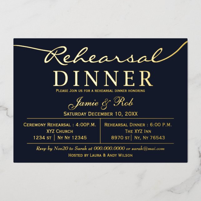 Simple Elegant Luxe Navy Gold Rehearsal Dinner  (Front)