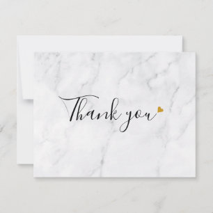 Simple Elegant Marble Script Gold Heart Thank You Card