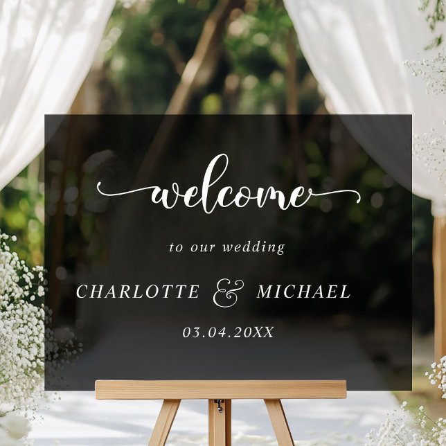 Simple, élégant, mariage (Elegant Simpel Weddings Acrylic "Welcome" Sign, black transparent, with your names & date.)