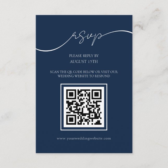 Simple Elegant Marine Bleu QR Code Mariage Carte R (Devant)