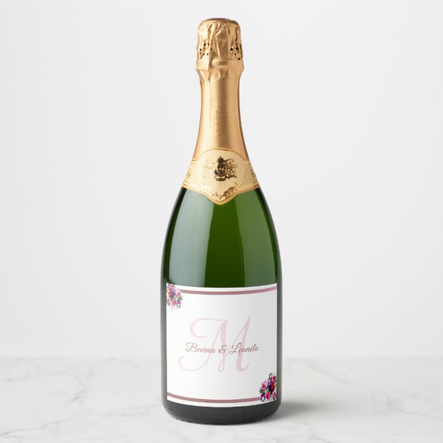 Simple Elegant Metallic Coral Floral Wedding |   C Sparkling Wine Label (Front)