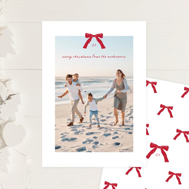 Simple Elegant Minimal Red Christmas Bow Photo Holiday Card (Creator Uploaded)