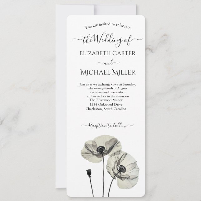Simple Elegant Minimalism Black and White Poppies Invitation (Front)