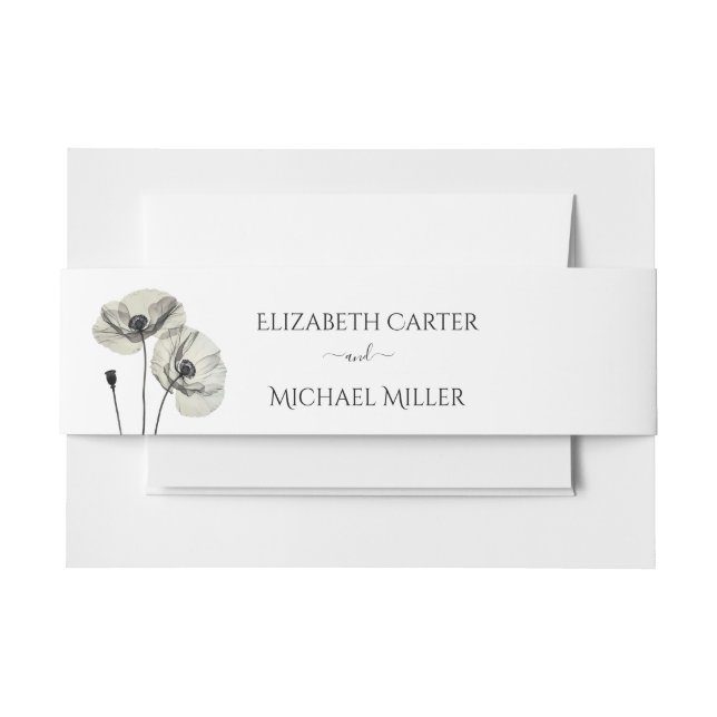 Simple Elegant Minimalism Black and White Poppies Invitation Belly Band (Front Example)
