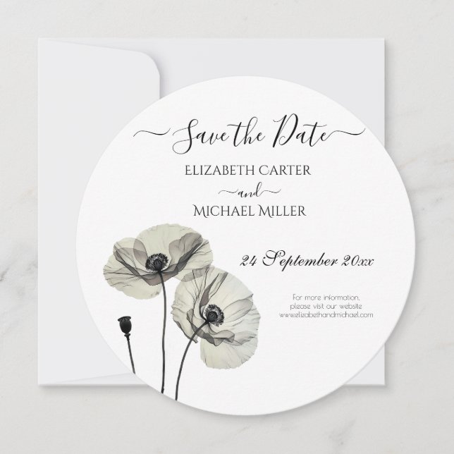 Simple Elegant Minimalism Black and White Poppies Save The Date (Front)