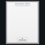 Simple Elegant Minimalist Black White With Logo<br><div class="desc">Professional letterhead in white with black frames where you can add your name and contact information in elegant letters and,  at the bottom,  your logo.</div>
