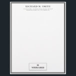 Simple Elegant Minimalist Black White With Logo Letterhead<br><div class="desc">Professional letterhead in white with black frames where you can add your name and contact information in elegant letters and,  at the bottom,  your logo.</div>