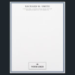Simple Elegant Minimalist Blue White With Logo<br><div class="desc">Professional letterhead in white with blue frames where you can add your name and contact information in elegant letters and,  at the bottom,  your logo.</div>