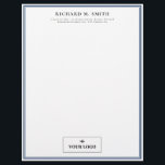 Simple Elegant Minimalist Blue White With Logo Letterhead<br><div class="desc">Professional letterhead in white with blue frames where you can add your name and contact information in elegant letters and,  at the bottom,  your logo.</div>
