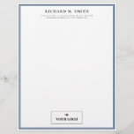 Simple Elegant Minimalist Blue White With Logo Letterhead<br><div class="desc">Professional letterhead in white with blue frames where you can add your name and contact information in elegant letters and,  at the bottom,  your logo.</div>