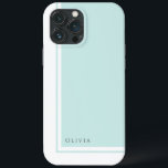Simple Elegant Minimalist Colour Block with Name iPhone 13 Pro Max Case<br><div class="desc">For a clean look that conveys a sense of elegance and classic minimalist styling this modern colour block design in light aquamarine and white has a text template to personalize with your name on the lower left corner. Lots of matching products are available in this design to coordinate your home,...</div>