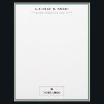 Simple Elegant Minimalist Green White With Logo Letterhead<br><div class="desc">Professional letterhead in white with green frames where you can add your name and contact information in elegant letters and,  at the bottom,  your logo.</div>