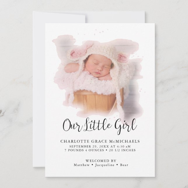 Simple Elegant Modern Baby Girl Photo Announcement (Front)