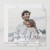 Simple Elegant Modern Blue Script Photo Wedding