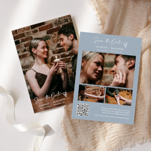 Simple Elegant Modern Dusty Blue QR Code Photo Save The Date