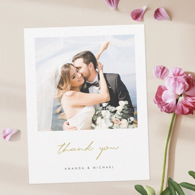 Simple Elegant Modern Gold Script Photo Wedding Thank You Card (Creator Uploaded)