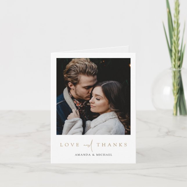 Simple Elegant Modern Gold Script Photo Wedding Thank You Card (Front)