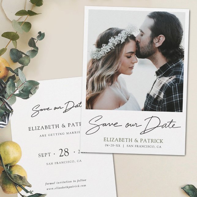Simple Elegant Modern Green Photo Save the Date (Creator Uploaded)