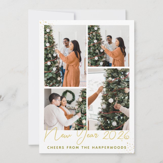 Simple Elegant Modern Happy New Year Four Photo Holiday Card (Front)