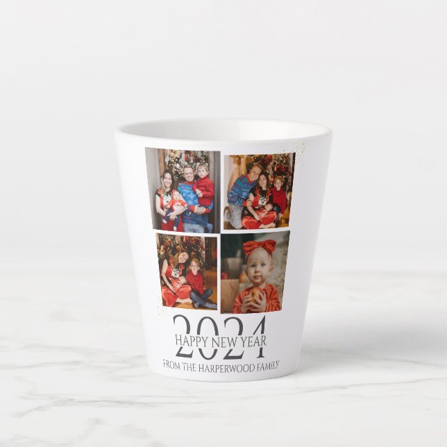 Simple Elegant Modern Happy New Year Four Photo Latte Mug (Front)