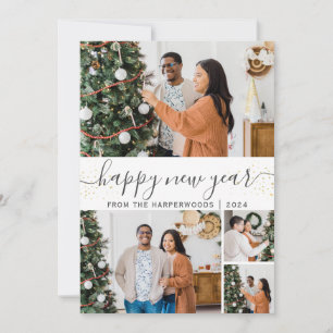Simple Elegant Modern Happy New Year Photo Collage Holiday Card