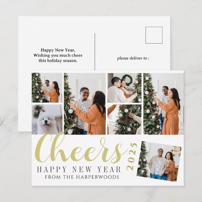 Simple Elegant Modern Happy New Year Photo Collage Holiday Postcard (Front/Back)