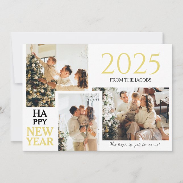 Simple Elegant Modern Happy New Year Three Photo Holiday Card (Front)