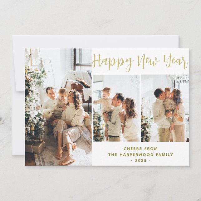 Simple Elegant Modern Happy New Year Three Photo Holiday Card (Front)