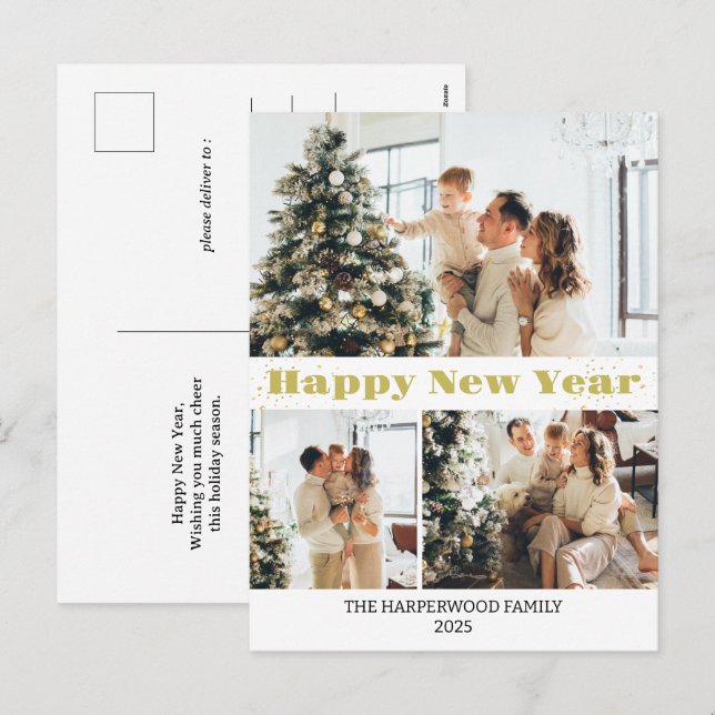 Simple Elegant Modern Happy New Year Three-Photo Holiday Postcard (Front/Back)