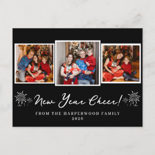 Simple Elegant Modern Happy New Year Three Photo Holiday Postcard