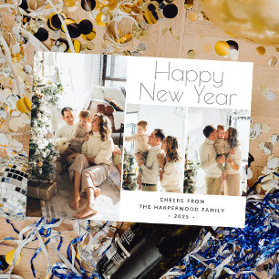 Simple Elegant Modern Happy New Year Three Photo Holiday Postcard