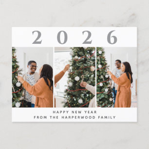 Simple Elegant Modern Happy New Year Three Photo Holiday Postcard