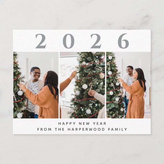 Simple Elegant Modern Happy New Year Three Photo Holiday Postcard (Front)