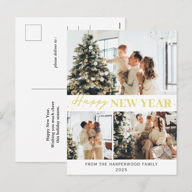 Simple Elegant Modern Happy New Year Three-Photo Holiday Postcard (Front/Back)