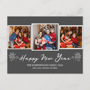 Simple Elegant Modern Happy New Year Three Photo Holiday Postcard