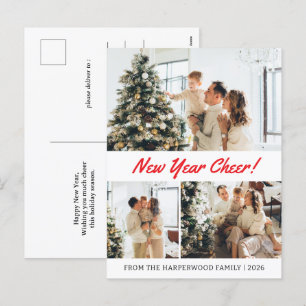 Simple Elegant Modern Happy New Year Three-Photo Holiday Postcard