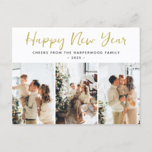 Simple Elegant Modern Happy New Year Three Photo Holiday Postcard