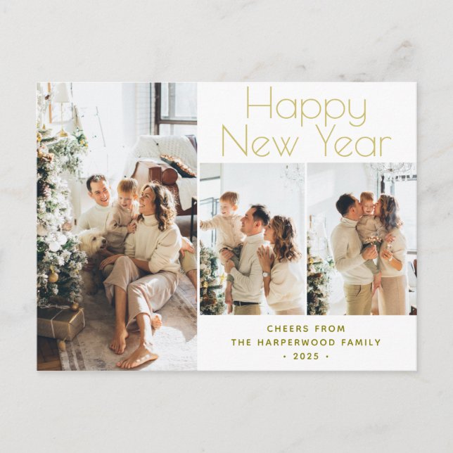 Simple Elegant Modern Happy New Year Three Photo Holiday Postcard (Front)