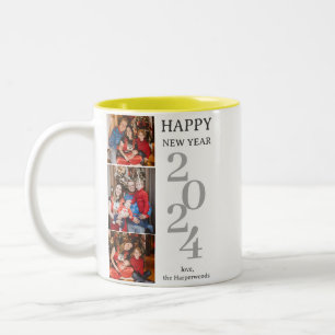 Simple Elegant Modern Happy New Year Three Photo Two-Tone Coffee Mug