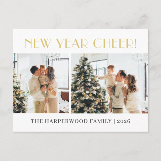 Simple Elegant Modern Happy New Year Two Photo Holiday Postcard (Front)