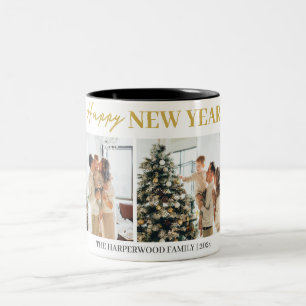 Simple Elegant Modern Happy New Year Two Photo Two-Tone Coffee Mug