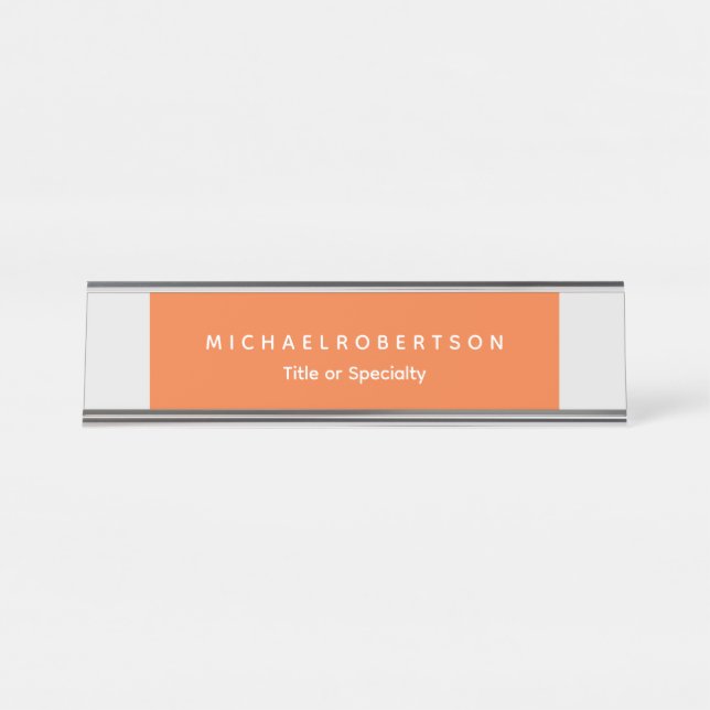 Simple Elegant Modern Minimalist Grey Orange Desk Name Plate (Front)