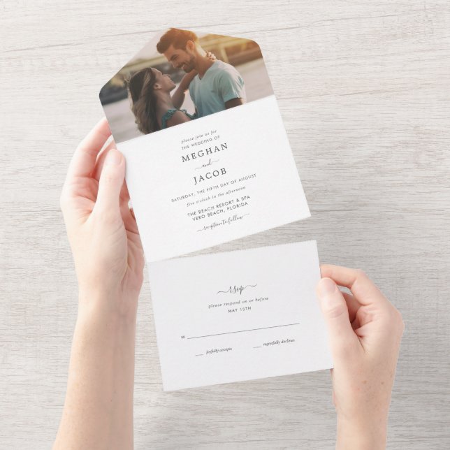 Simple Elegant Modern Photo Wedding RSVP All In On All In One Invitation (Tearaway)