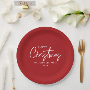 Simple Elegant Modern Red Happy Christmas  Paper Plate
