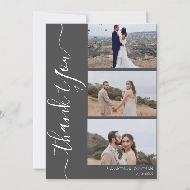 Simple Elegant Modern Script 6 photos wedding Thank You Card (Front)