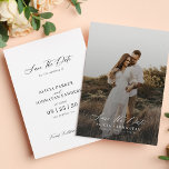 Simple elegant modern script photo wedding save the date<br><div class="desc">Boho minimalist photo overlay wedding save the date card template with your custom engagement picture and a trendy handwriting chic romantic calligraphy script.                  Personalize it with your photos and details!</div>
