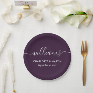 Simple Elegant Modern Script Purple Wedding Paper Plate