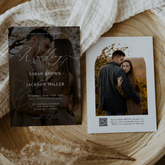 Simple Elegant Modern Script QR Code Photo Wedding Invitation