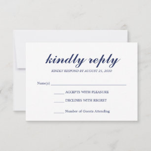 Simple Elegant Modern Script Wedding RSVP Navy Card