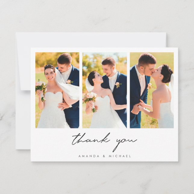 Simple Elegant Modern Three Photo Collage Wedding Thank You Card (Front)